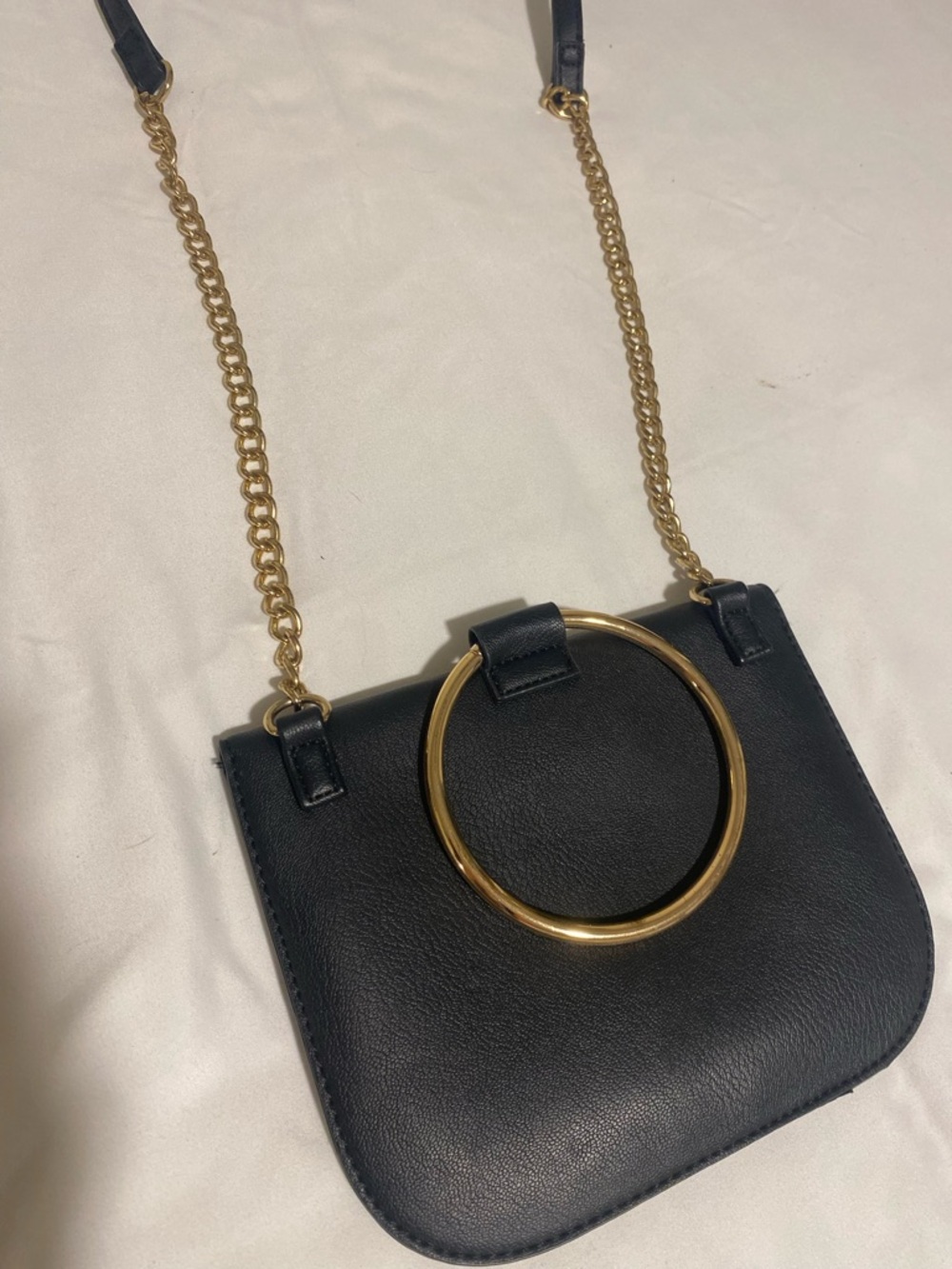 Black Crossbody Satchel Bag with Gold Ring Accent